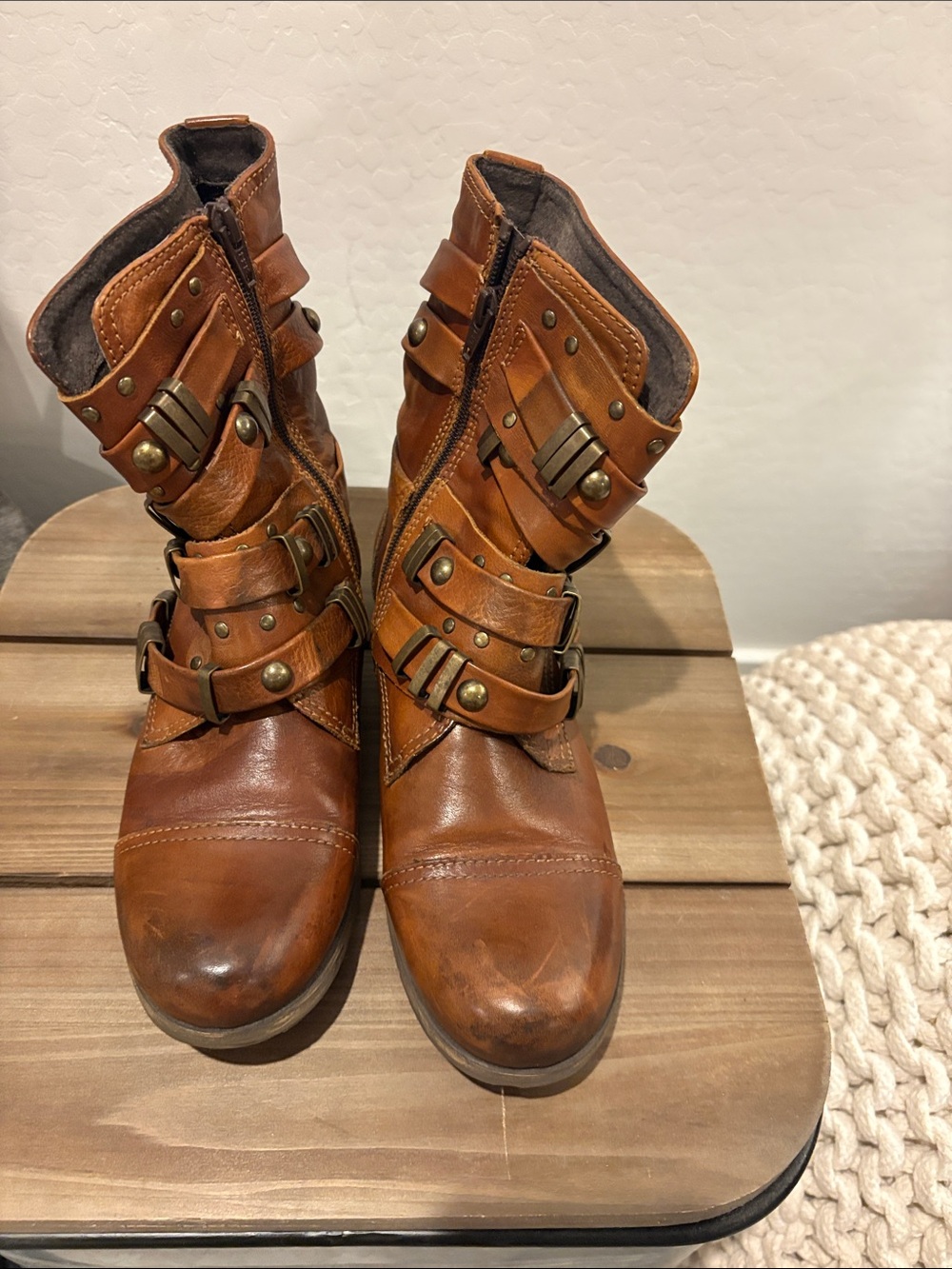 Aldo Tan Leather Buckle Strap Moto Boots